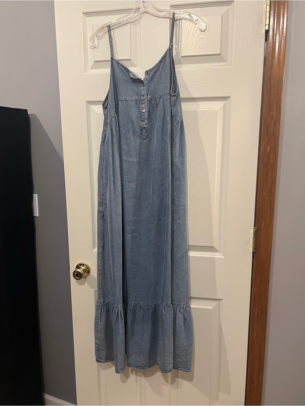 Light Blue Chambray Maxi Sundress with Ruffle Hem